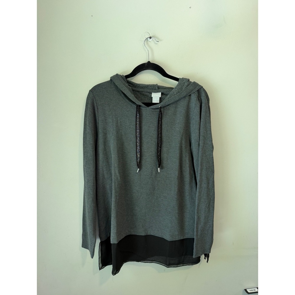 Chicos Zenergy Womens Gray Layered Hem Hoodie Glitter Drawstring Top Size 2 L 12